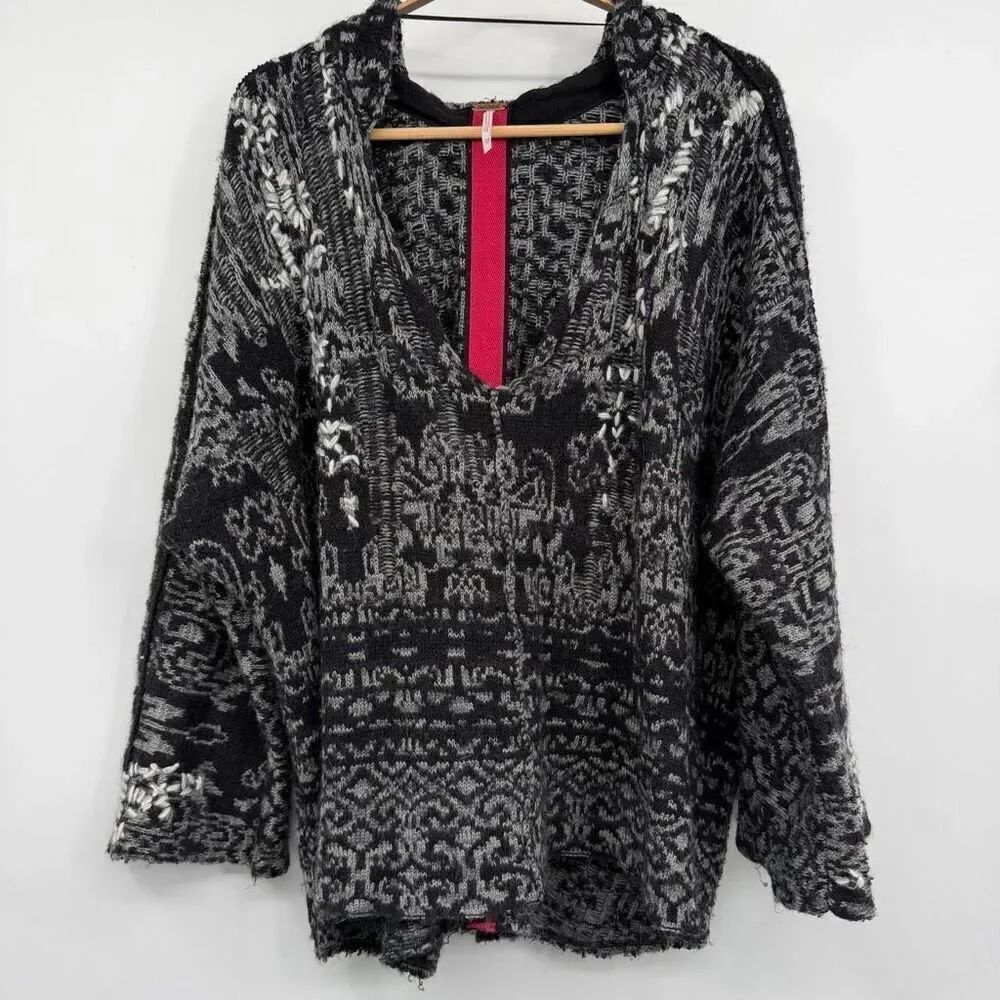 Free People Black Gray Fair Isle Wool Blend Raggy Hooded Pullover Sweater XS